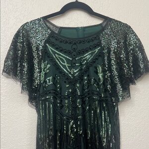 Green Sequin Flapper Style Beaded Dress w Long velvety black gloves